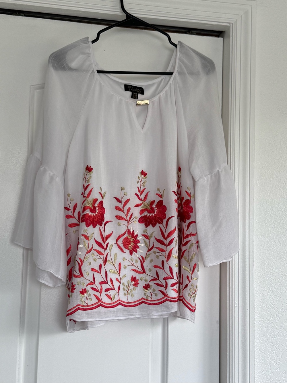White Embroidered Peasant Blouse with Red & Gold Floral Detail